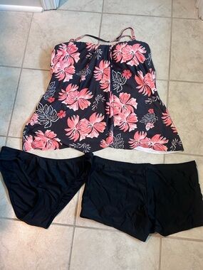 Floral Tankini Swim Top with Black Bottoms